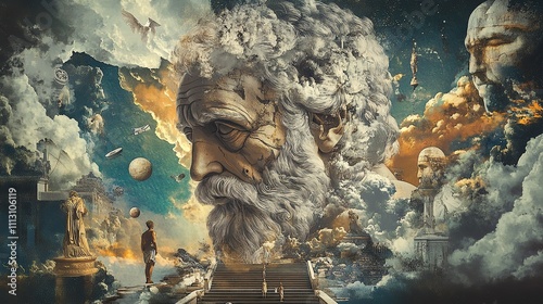 A man stands on a staircase leading up to a giant stone head in the clouds.