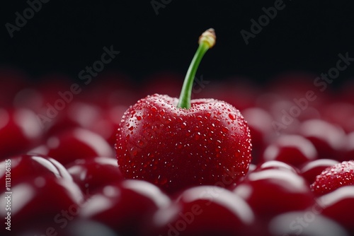 Close-up of fresh cherry with water droplets on red berries background