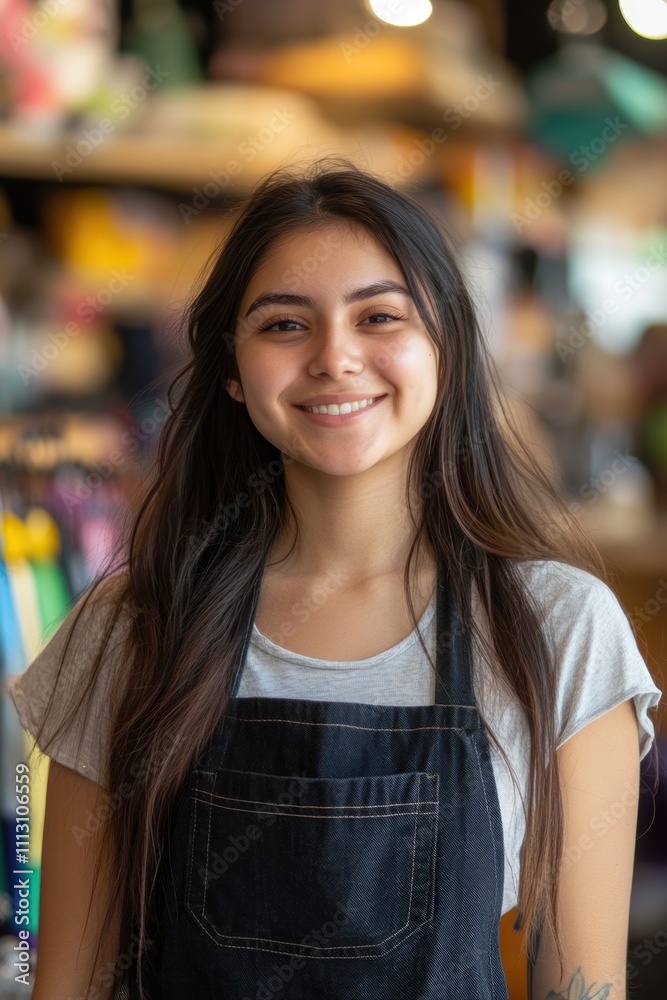 Portrait of a smiling happy friendly store employee in holiday shopping season Portrait of a smiling happy friendly store employee in holiday shopping season