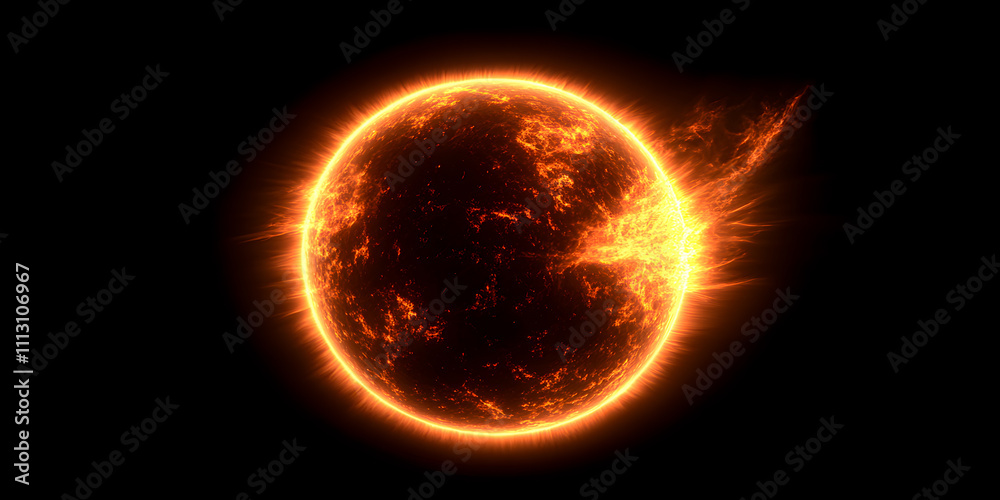 Suns with solar flares and plasma eruptions against the dark background of space. Magnetic storms. The concept of solar flares. Suns with solar flares and plasma eruptions against the dark background of space. Magnetic storms. The concept of solar flares.