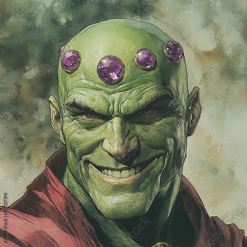 A close-up portrait of a green-skinned man with a sinister smile and four purple gems on his forehead.