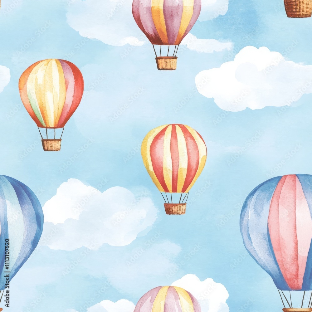 Naklejka premium Colorful Watercolor Hot Air Balloons in Sky