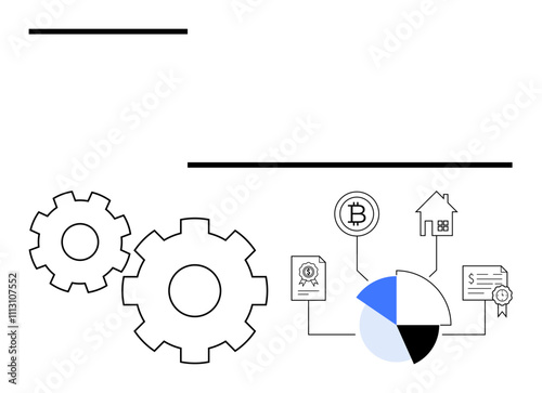 Gears near various icons including Bitcoin, certificate, house, pie chart highlighting blockchain application. Ideal for finance, technology, real estate, cryptocurrency, analytics automation