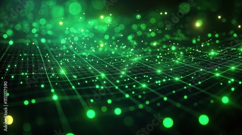 Abstract green digital tech background. Glowing dots, lines form grid pattern. Futuristic, vibrant design. Suitable for tech, sci-fi, innovative concepts. Dynamic, modern visual. Represents data flow