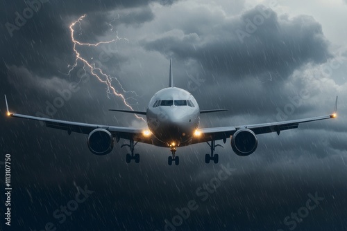 Airplane flying through stormy weather with lightning strike photo