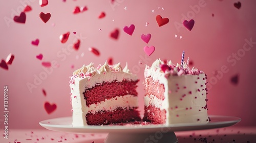 Delicious red velvet cake with heart decorations and candle on a plate for valentine's day celebration concept