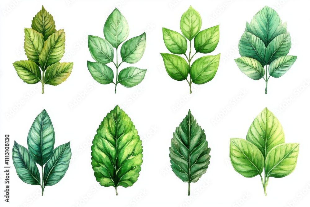 A collection of various green leaves illustrated in different shapes and shades. A collection of various green leaves illustrated in different shapes and shades.