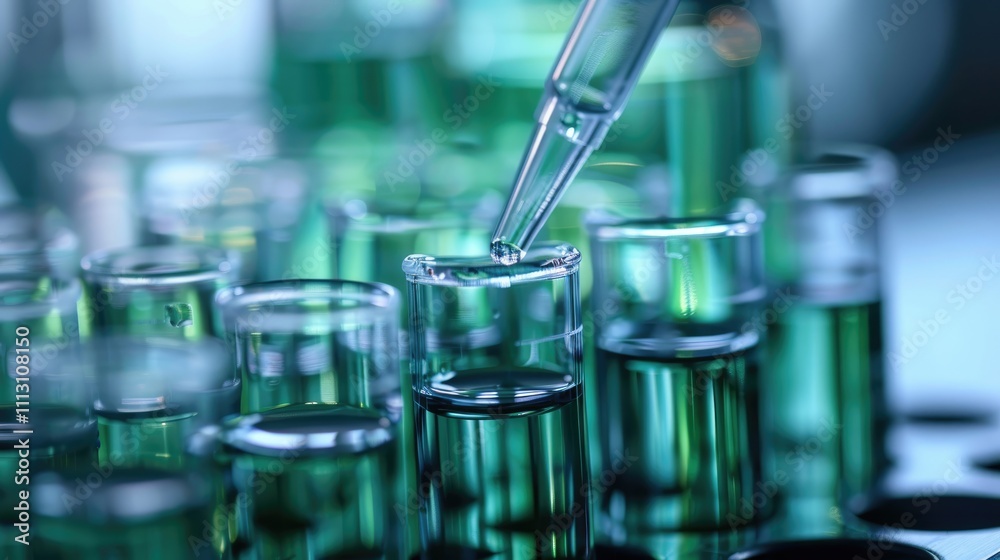 A pipette transferring liquid into test tubes filled with green solution. A pipette transferring liquid into test tubes filled with green solution.