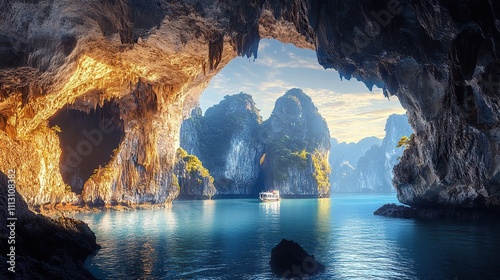 Sunlight shines through a cave opening onto a tropical bay with a boat and limestone islands.