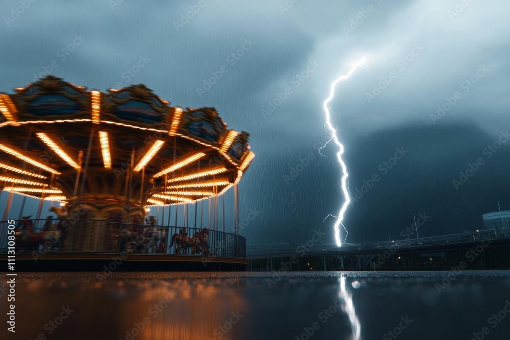 Fototapeta premium Illuminated carousel under dramatic thunderstorm with striking lightning