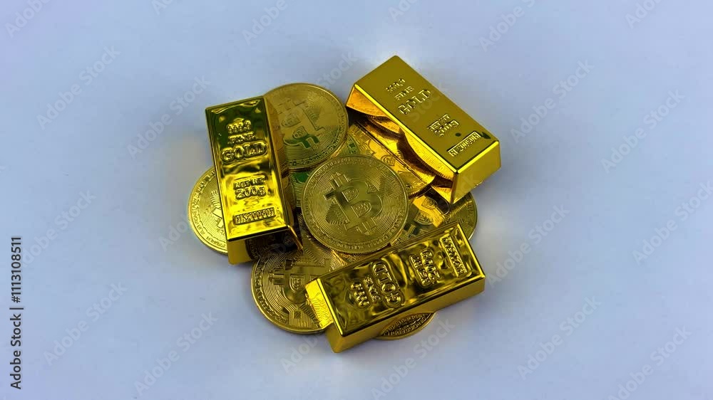 Bitcoin Coin Cryptocurrency BTC Rotate on White Background with Gold Bar Bitcoin Coin Cryptocurrency BTC Rotate on White Background with Gold Bar