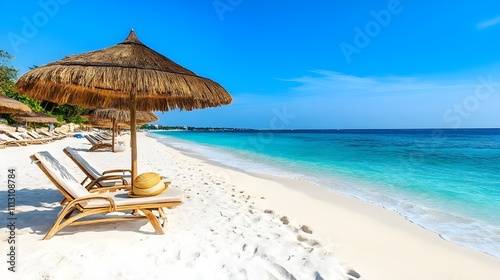 Thatched Umbrella on Sunlit Beach. photo