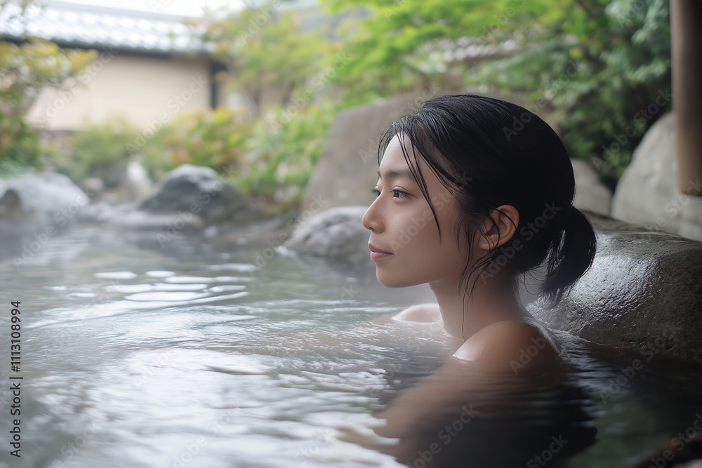 Obraz premium 自然に囲まれた露天風呂でリラックスする女性