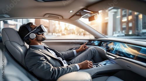 Businessman experiencing virtual reality in a self-driving car with futuristic technology photo