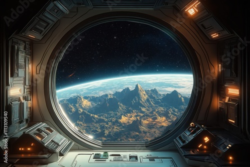 Spaceship interior features large window alien landscape. Dark view of space beyond planet seen. Modern tech controls visible. Possible scenes of exploration discovery. Futuristic tech design. Outer