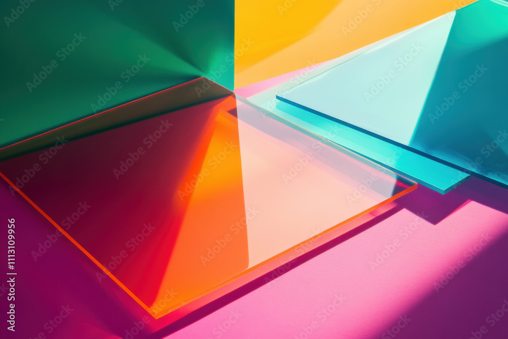 Fototapeta premium Bright colorful abstract background made by transparent colored glass Empty product display showcase
