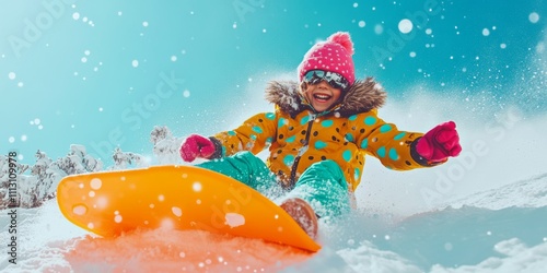 Excited child sledding downhill with an orange sled on a snowy day, wearing a polka-dot yellow jacket and pink hat