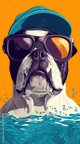 Cool Boston Terrier Dog Wearing Sunglasses In Water photo