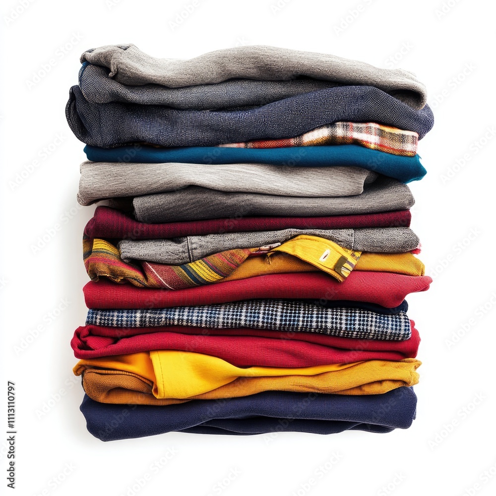 A neatly stacked pile of folded clothing in various colors and patterns. A neatly stacked pile of folded clothing in various colors and patterns.
