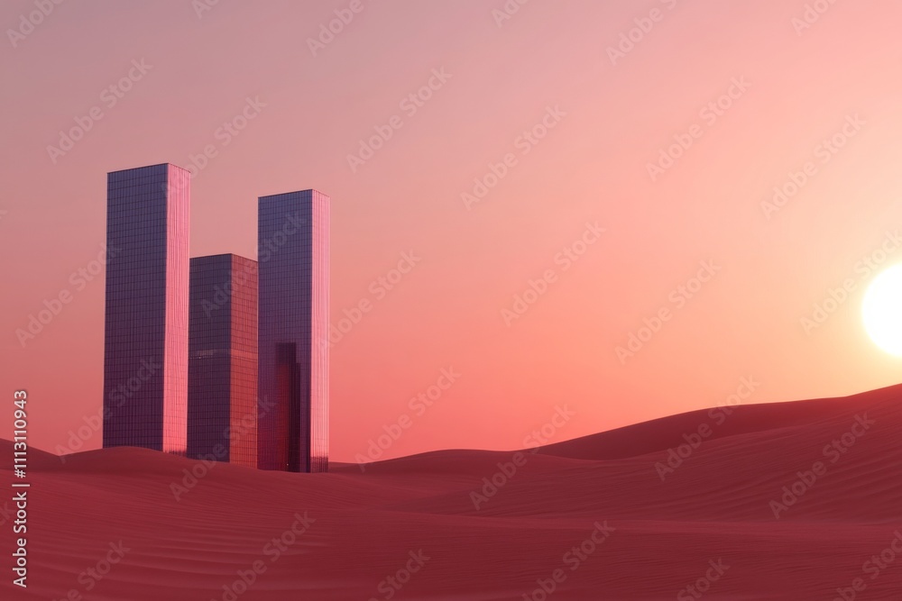 Modern skyscrapers in desert at sunset with minimalistic architecture Modern skyscrapers in desert at sunset with minimalistic architecture