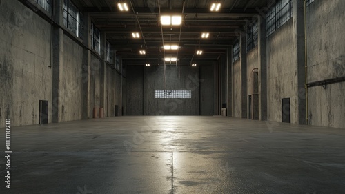 A spacious industrial interior with concrete walls and a polished floor, well-lit and empty.