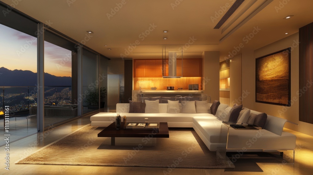 Modern living room with panoramic views and warm lighting, designed for comfort and relaxation. Modern living room with panoramic views and warm lighting, designed for comfort and relaxation.