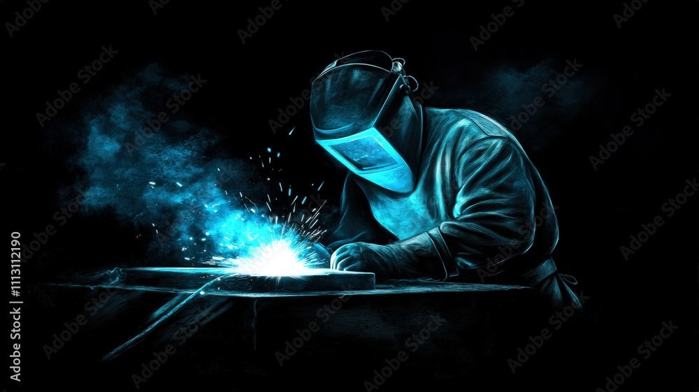 A welder in protective gear works on a metal piece, creating sparks in a dark environment.