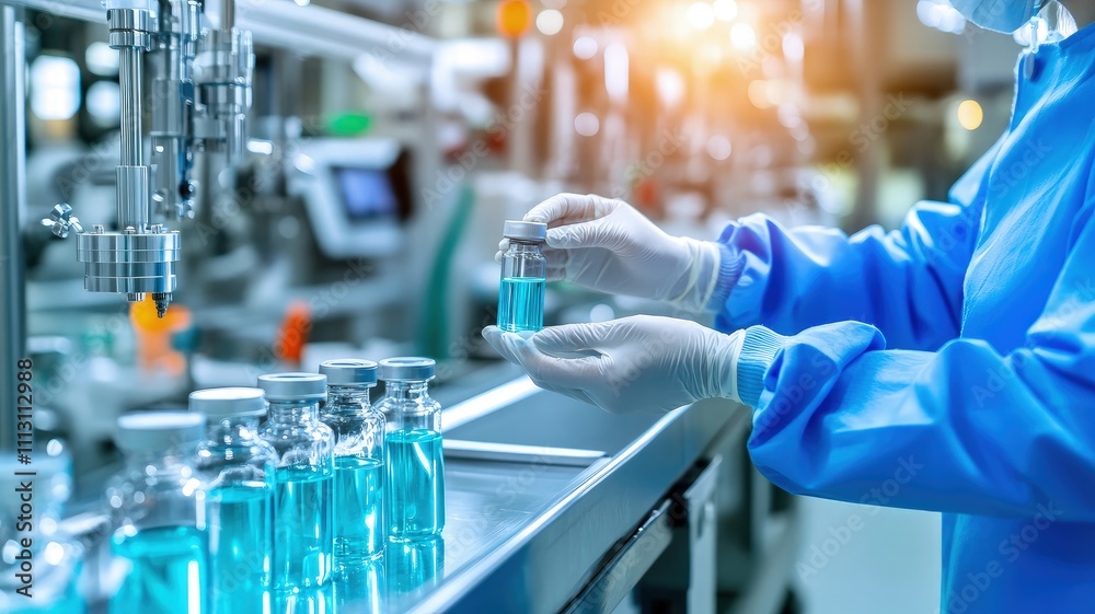 A laboratory technician handling vials of blue liquid in a sterile environment. A laboratory technician handling vials of blue liquid in a sterile environment.