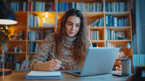 Female student attending online educational webinar via video call, taking notes at home office