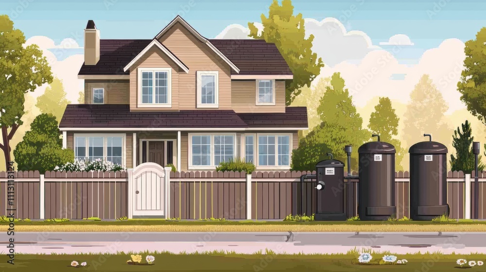 Suburban Home with Natural Elements and Infographic Style Suburban Home with Natural Elements and Infographic Style