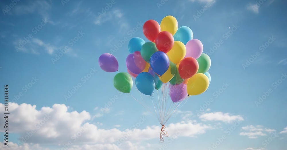 A bunch of brightly colored balloons floating gently in the air on a serene blue sky with no visible objects below them, clear sky, tranquil atmosphere