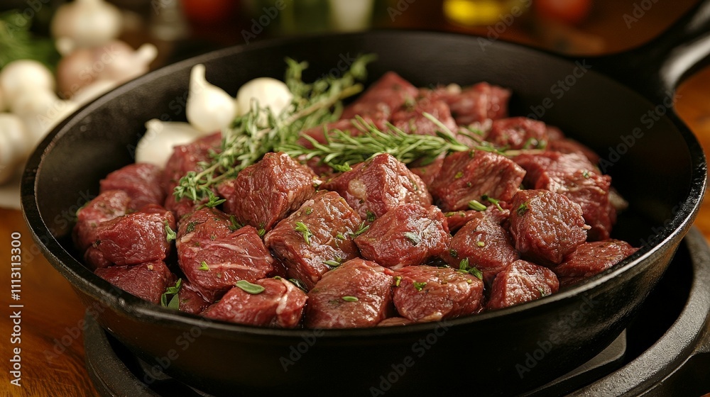 Raw beef cubes arranged in a skillet, garnished with herbs for cooking preparation. Raw beef cubes arranged in a skillet, garnished with herbs for cooking preparation.