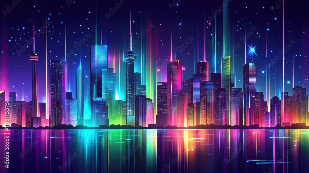 Vibrant Urban Cityscape with Panoramic View and Lighting