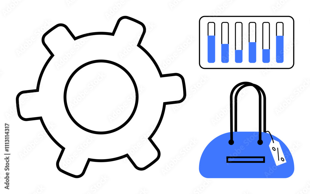 Large gear, progress bar with blue and white segments, blue handbag with a tag creating a contrast of technical advancement and fashion development. Ideal for technology, fashion, progress, utility Large gear, progress bar with blue and white segments, blue handbag with a tag creating a contrast of technical advancement and fashion development. Ideal for technology, fashion, progress, utility