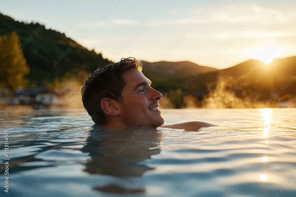 Fototapeta premium A young man relaxes in a pool at sunset, showcasing contentment and relaxation against the backdrop of a picturesque landscape.