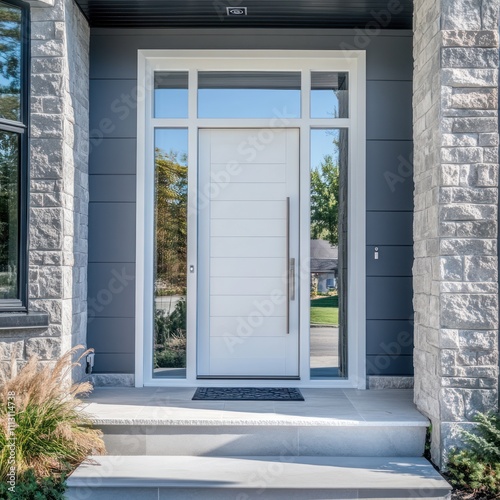 Simple white front door with glass sidelight windows  modern suburban look  clean lines 
