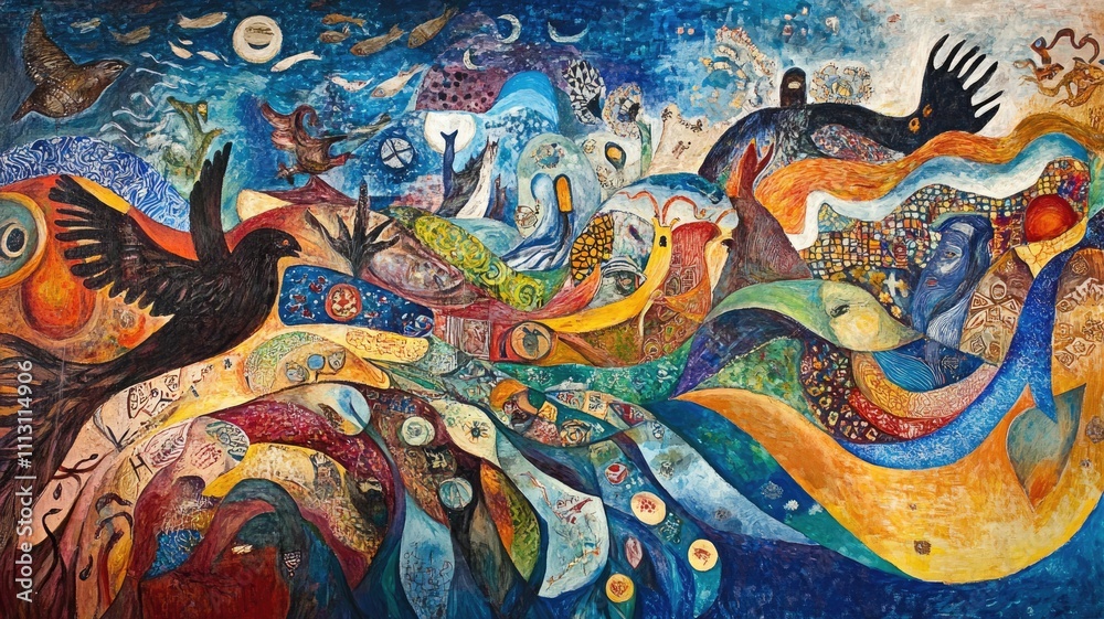 custom made wallpaper toronto digitalColorful, abstract mural featuring birds, waves, and cosmic elements with mix of symbolic surreal