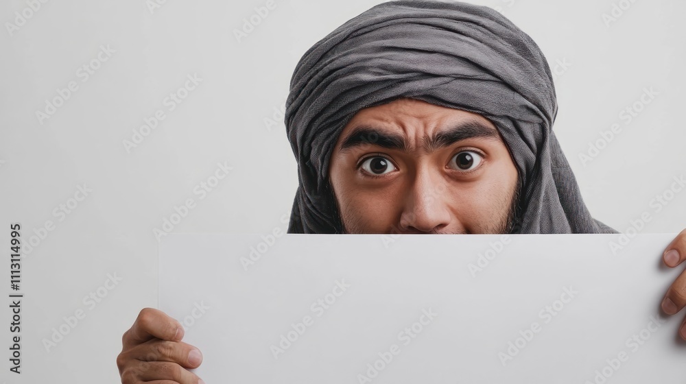 A man in a turban holds a blank sign, expressing curiosity. A man in a turban holds a blank sign, expressing curiosity.