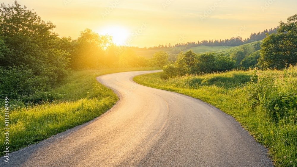 Serene countryside road at sunrise with lush greenery, hills, and distant trees Serene countryside road at sunrise with lush greenery, hills, and distant trees