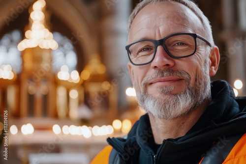 A cheerful middle-aged man in safety gear poses proudly, showcasing his commitment to restoration work at a historic location filled with beautiful architectural features. photo