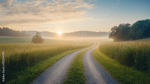 Scenic country road winding through lush, green meadow during sunrise