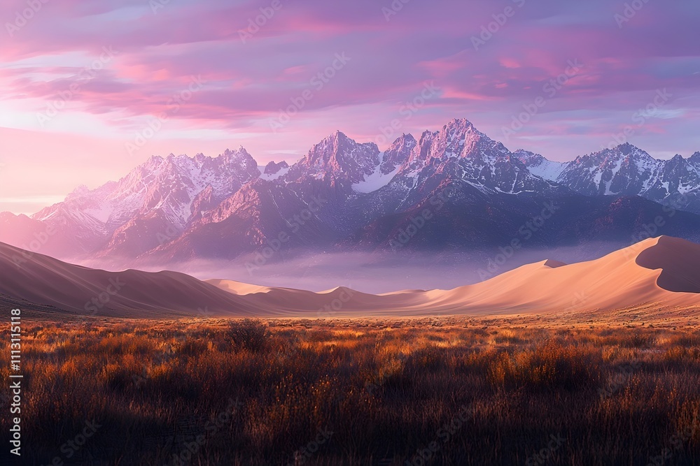 Obraz premium Stunning landscape at dawn featuring dramatic mountains under a pastel sky, with golden sand dunes and wild grasses in the foreground, evoking a serene and dreamy ambiance.