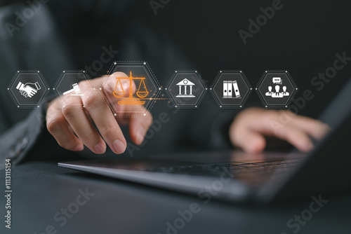 Legal Professional with Justice Icons. A suited legal professional touches virtual icons symbolizing law, justice, and legal services. Business legislation, Notary public, legal advice online, Lawyer.