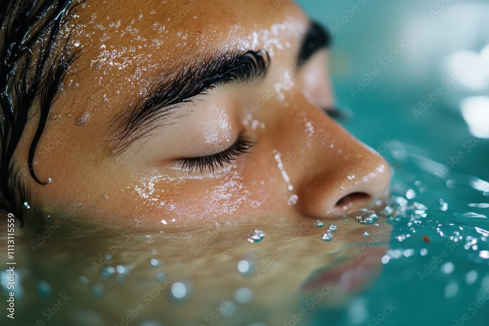 Fototapeta premium This close-up image showcases a serene young male's face submerged in water, evoking feelings of calmness and introspection amidst the gentle bubbles surrounding him.