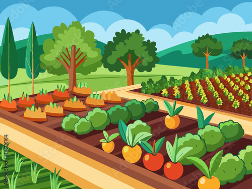 colorful illustration of A detailed vegetable garden with rows of carrots, lettuce, and tomatoes, modern home gardening