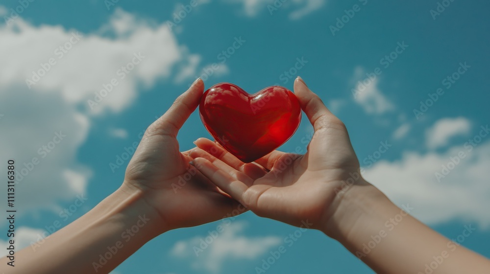 Hands holding a shiny red heart against a cloudy blue sky, symbolizing love and devotion for valentine's day Hands holding a shiny red heart against a cloudy blue sky, symbolizing love and devotion for valentine's day