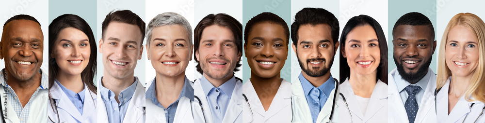 Collage Of Multiethnic Doctors And Medical Workers Portraits On White And Blue Backgrounds, Wearing Uniform. Happy Diverse Physicians And Nurses Headshots Collection. Panorama Collage Of Multiethnic Doctors And Medical Workers Portraits On White And Blue Backgrounds, Wearing Uniform. Happy Diverse Physicians And Nurses Headshots Collection. Panorama