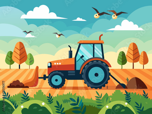 colorful full page illustration design of tractor and farm field