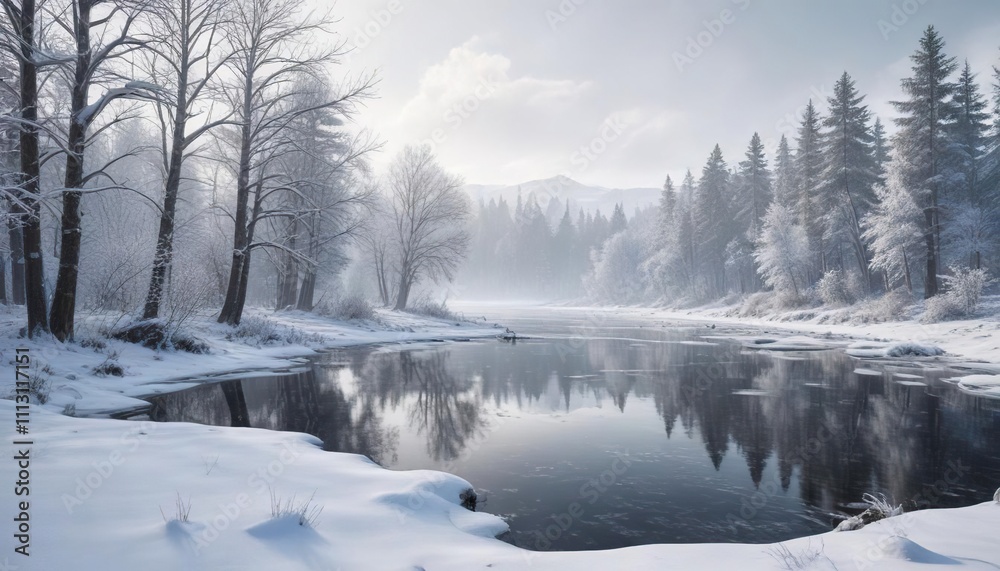 A serene winter landscape with a frozen lake and snow-covered trees in the background, serene environment, natural beauty, cold weather A serene winter landscape with a frozen lake and snow-covered trees in the background, serene environment, natural beauty, cold weather