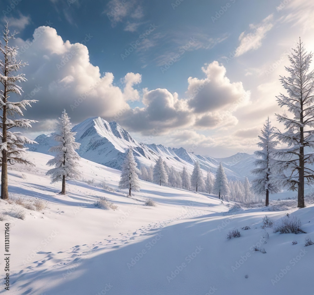 A serene winter landscape with a snow-covered hill, trees, and clouds in the background , serene scenery, winter landscape, snow-covered trees A serene winter landscape with a snow-covered hill, trees, and clouds in the background , serene scenery, winter landscape, snow-covered trees